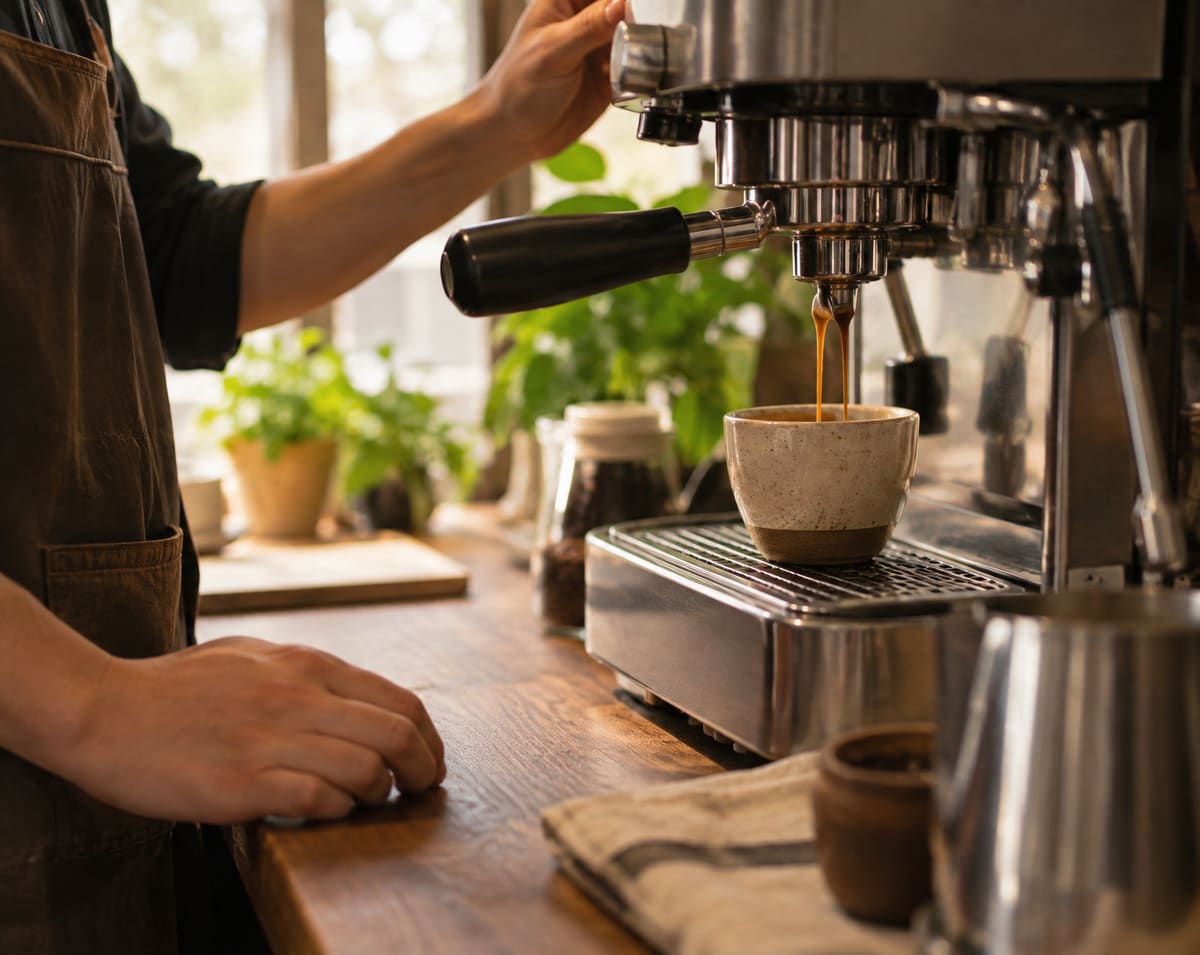 Espresso pouring into a small ceramic cup at the cafe's espresso machine in warm daylight
