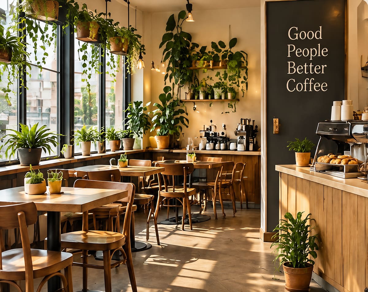 Inside the cafe: wooden tables and chairs, hanging plants by tall windows, warm sunlight and a counter with an espresso machine and pastries