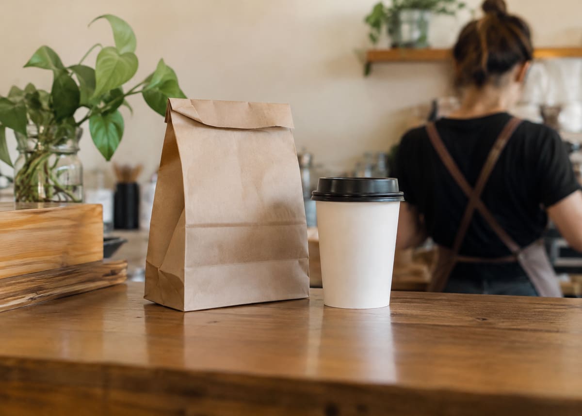 A paper pickup bag and a to-go coffee cup on a wooden cafe counter