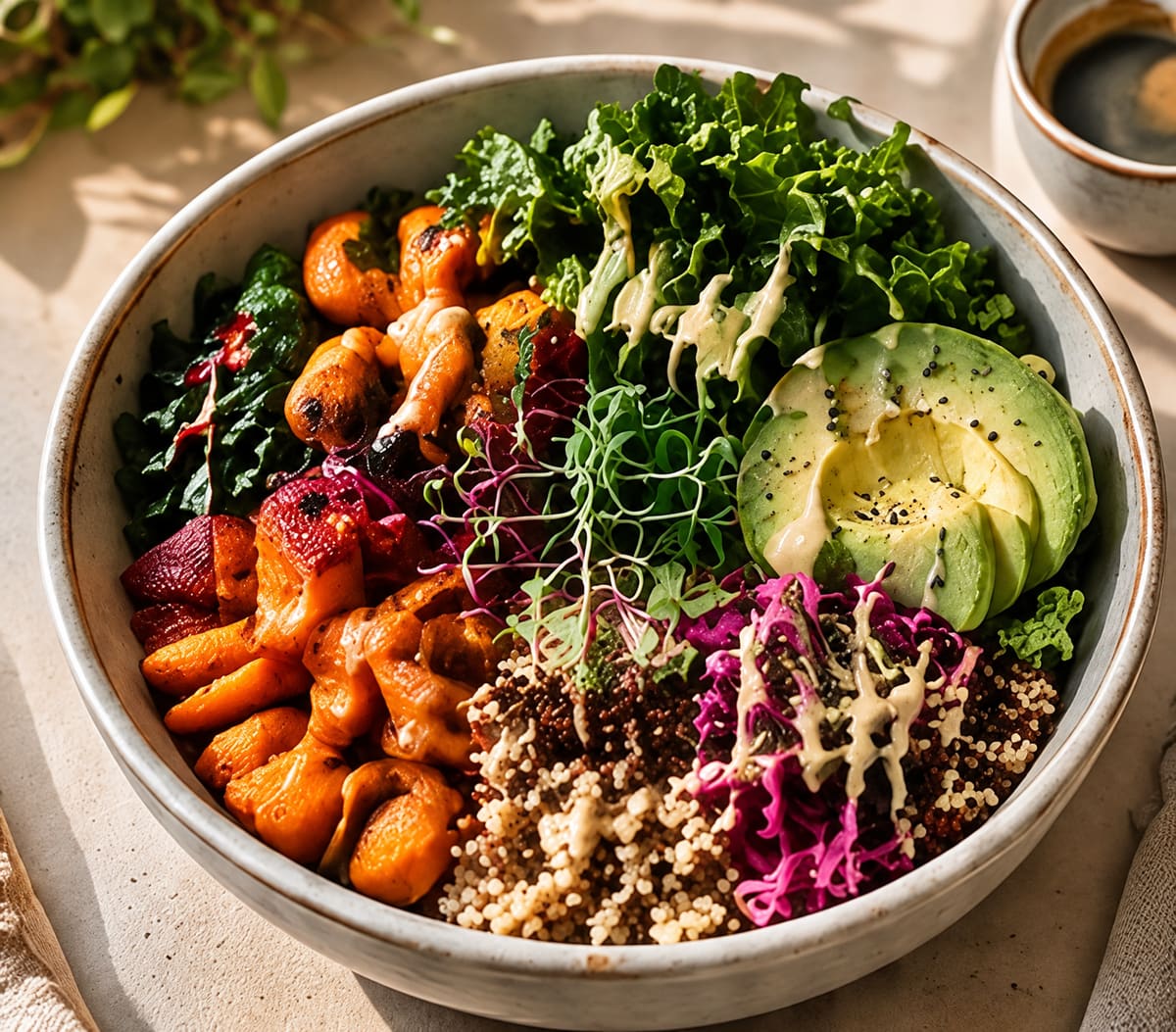 Vegan bowl of quinoa, roasted vegetables, greens, avocado and pickled cabbage with a tahini drizzle