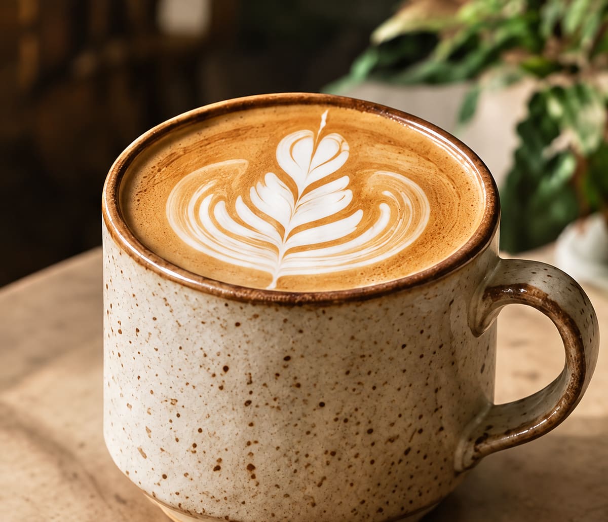 Latte with leaf latte art in a speckled ceramic mug