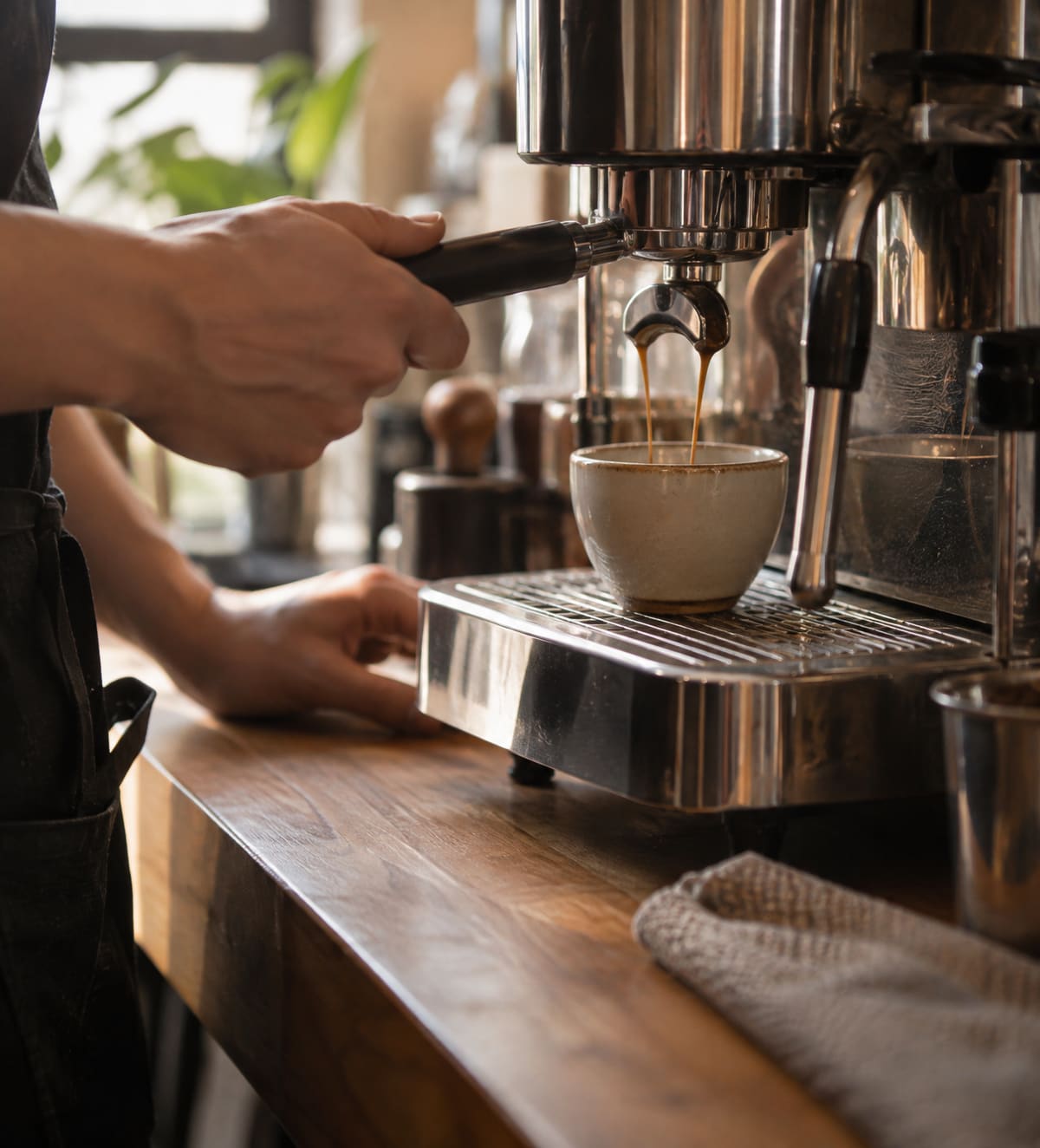 Espresso pouring into a small ceramic cup on a wooden cafe counter in soft window light