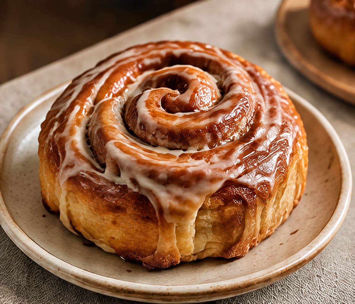 Glazed spiral morning bun on a ceramic plate