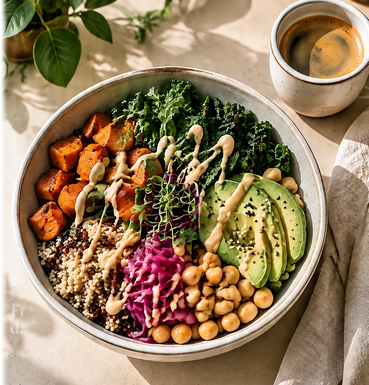 Overhead view of a vegan grain bowl with roasted sweet potato, avocado, chickpeas, kale, pickled red cabbage and quinoa under a tahini drizzle, beside a small cup of espresso and a linen napkin
