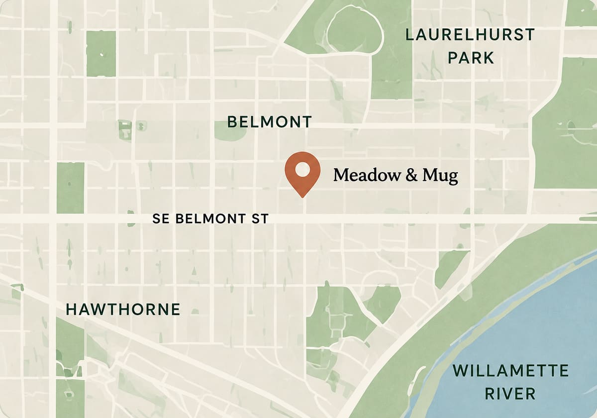 Illustrated neighborhood map with a pin marking Meadow & Mug near SE Belmont Street, between Laurelhurst Park and the Willamette River